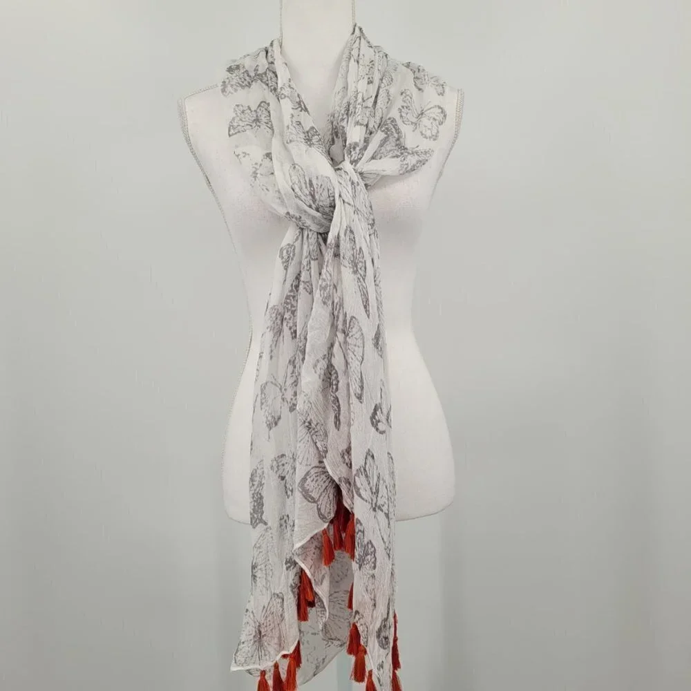 Butterfly Scarf/Wrap with Orange Tassels